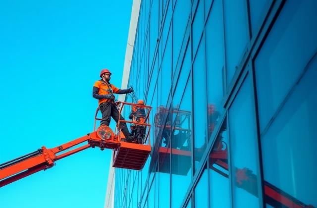 Professional window cleaner working on a tall building